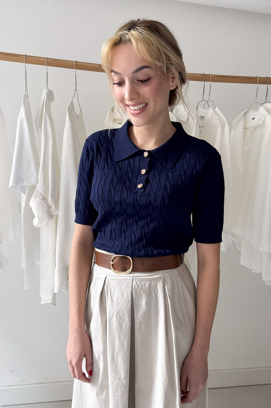 Galléros kötött rövidujjú felső - éjkék