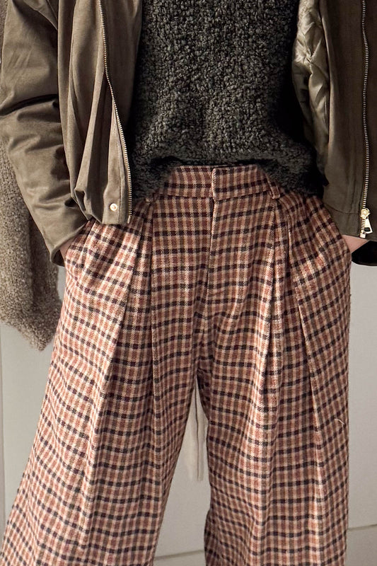 Bélelt, vastag kockás nadrág-rókavörös