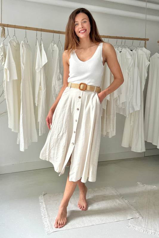 Linen-viscose skirt with pockets - off-white