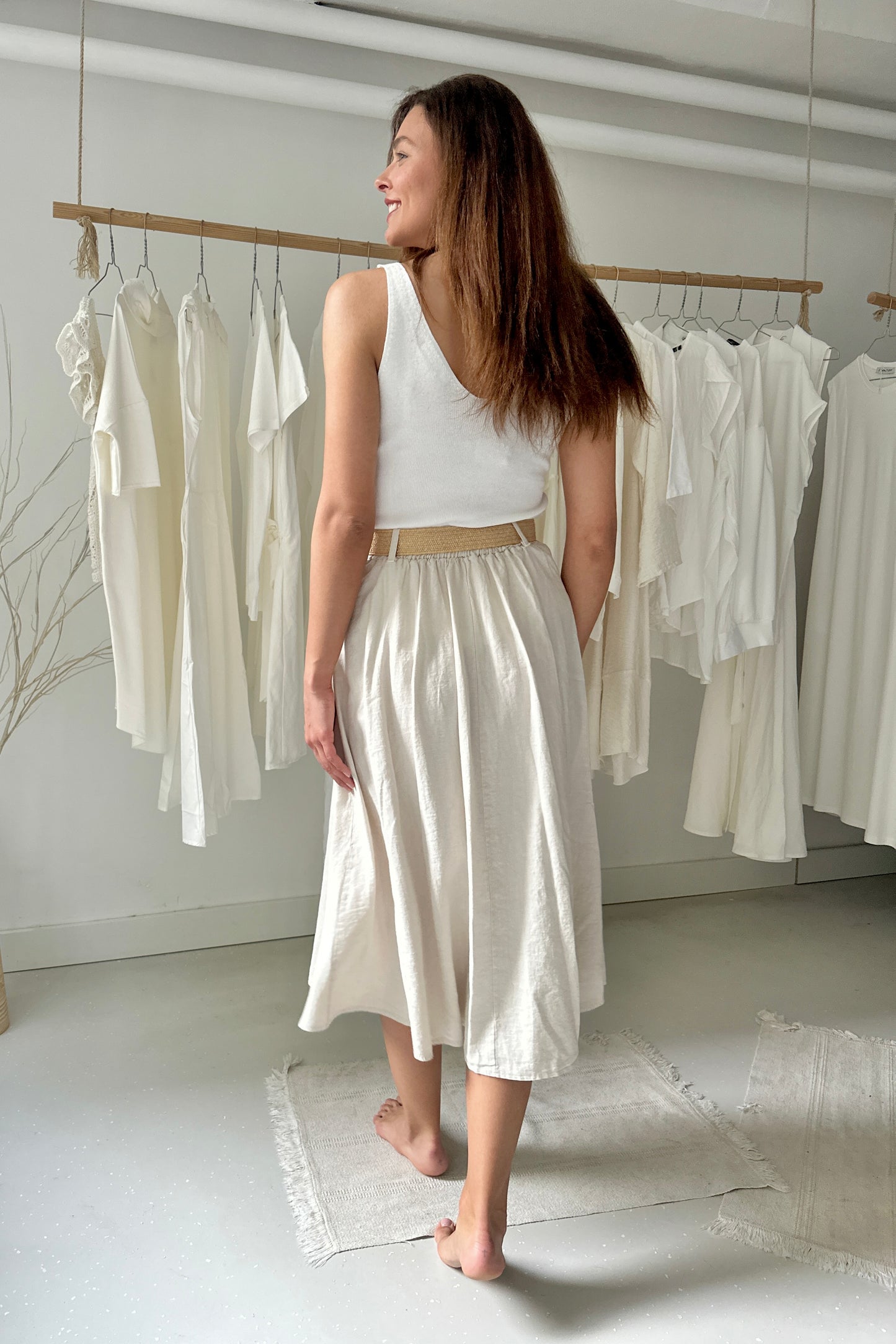 Linen-viscose skirt with pockets - off-white