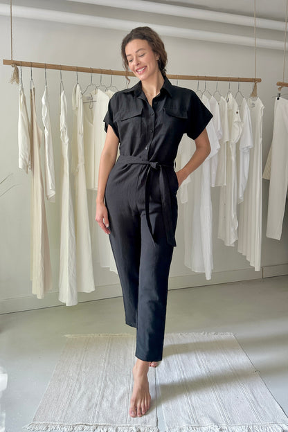 Linen jumpsuit with binding