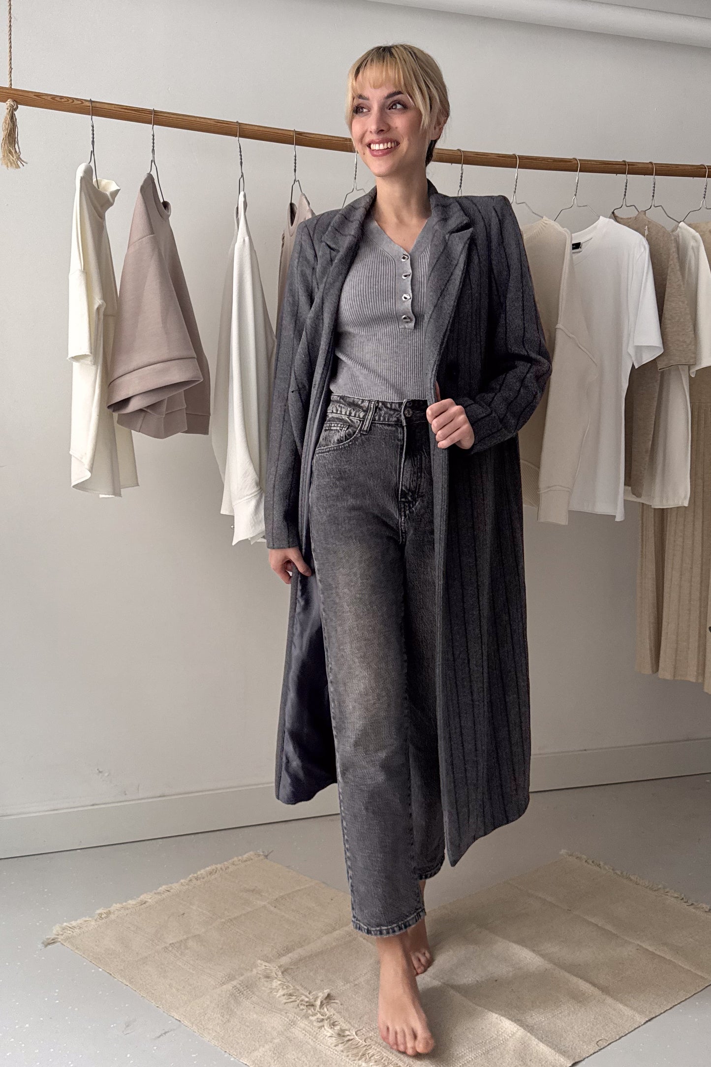 Gray striped long coat