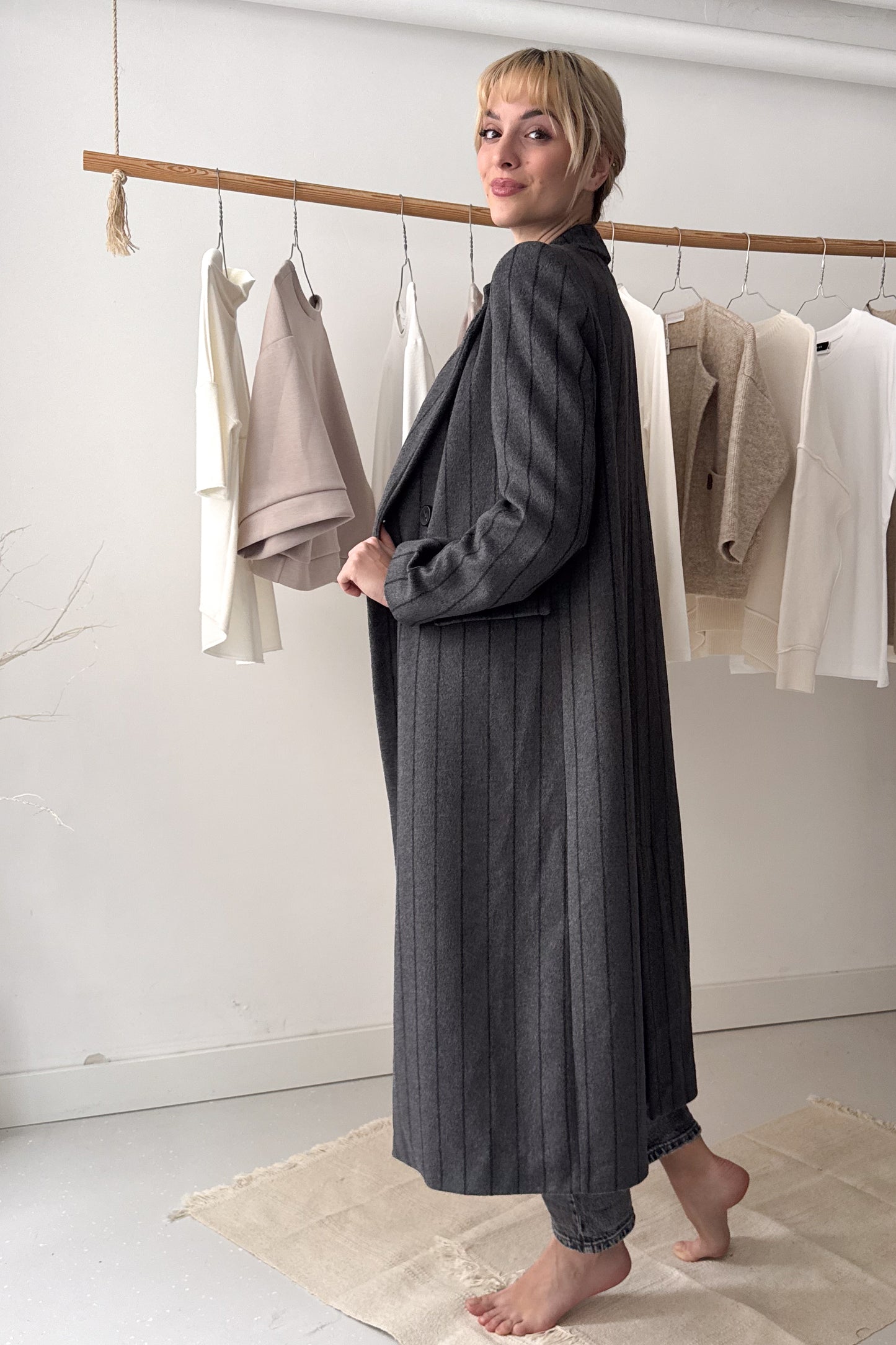 Gray striped long coat