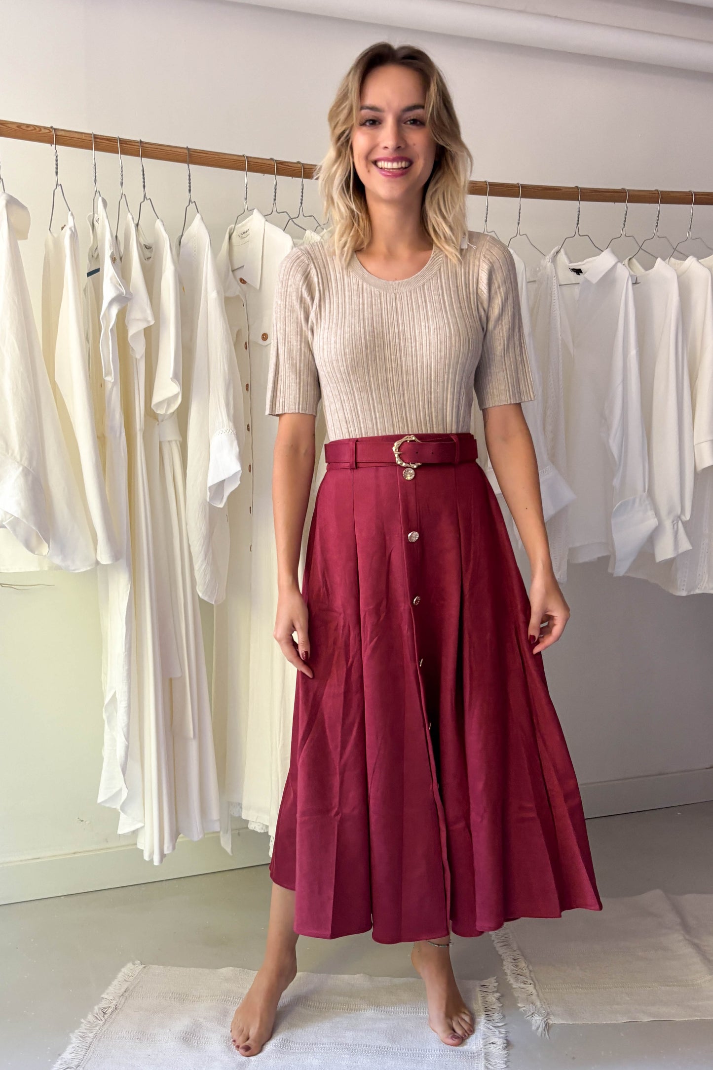 Arany gombos midi szoknya-bordó