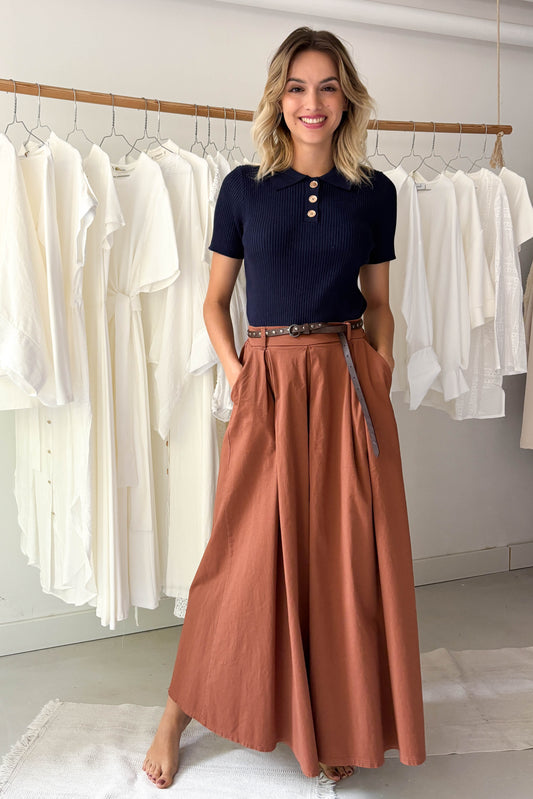 Bővülő szárú nadrág övvel-terrakotta